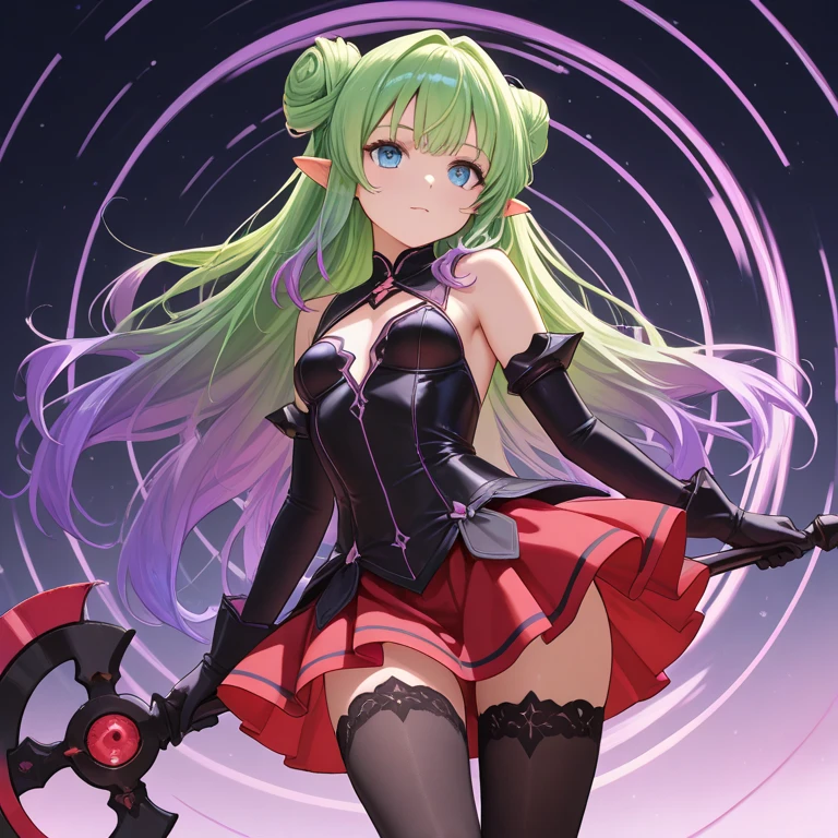 (High resolution)、((A girl is standing))、sexy、((Emotionless, blank eyes、Expressionless)), (Magic Warrior)、(FINAL FANTASY 6_Tina)、low length、(thin)、((5 years old girl))、(Transparent fair skin), (((child girl)))、Wavy、(Green Hair)、ponytail、Purple scrunchie、((Forehead))、Big eyes、Grey Eyes、purple shoulder armor protector, (Red leotard)、(A transparent light purple cloth is wrapped around her waist.)、(red wristbands)、(covered nipples), ((Angle from below1.4)), Covered navel、(Thighs), crotch、(Red Armor Boots)、(Angle from the bottom of the girl), 1boy, ((A boy lying at her feet exposing his crotch)), (at a research facility)、((Colorful balls of light appear all around))、((Cast magic on the penis))、(((penis))), (((eject cum))), 