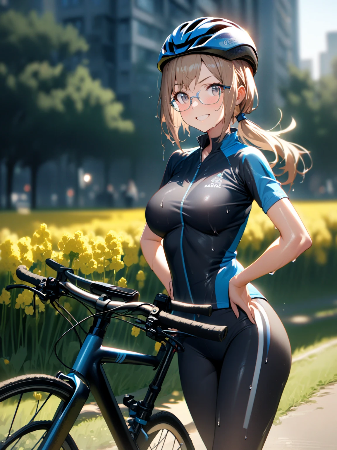 1 girl, empty eyes ,long hair, kagamine len,short hair, short ponytail, spiked hair ,aqua eyes,, beautiful breasts, large breasts, solo, nipple, ride a bicycle, nipple , wet