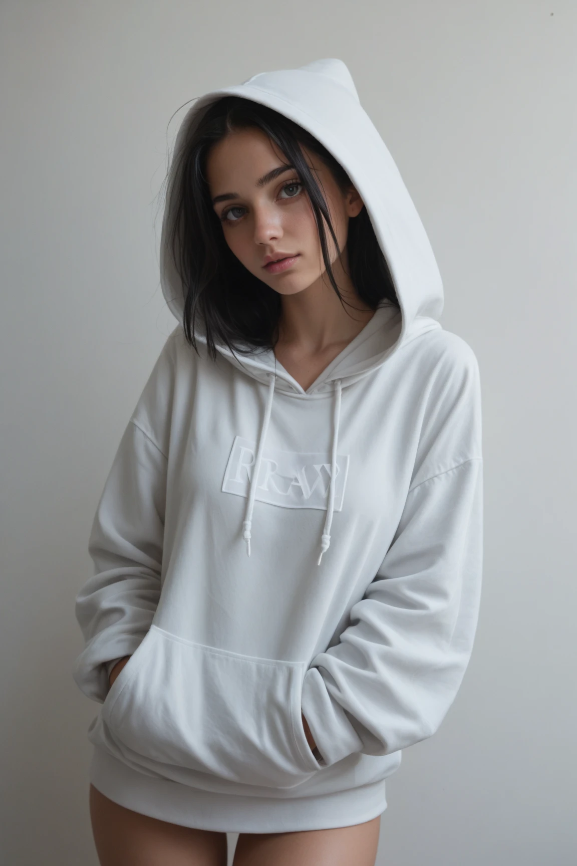 a woman wearing a white sweatshirt and shorts with a baseball cap, light cinza, vestindo moletom, cinza, cinza sweater, roupa branca casual, designed for a cozy aesthetic!, Roupa casual, White Sweater, white and cinza, terno branco liso e justo, fechar detalhes, wearing a cinza hooded sweatshirt, mangas compridas, Moletom cinza, cinza clothes, cheio de detalhes