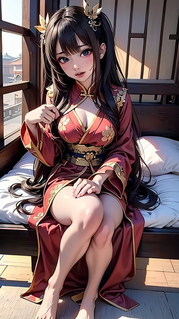 32 year old beautiful woman with attractive long black hair、Double eyelids、The background is the Palace of Versailles in France、Looking here、One white see-through yukata that sticks to bare skin、very large breast、wide open legs、The color and shape of the tip of the chest is visible 、You can see the color and shape of the areola、You can see through a lot of pubic hair、The entire chest shows through、