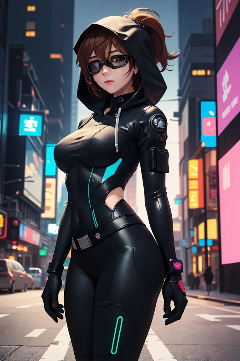 beautiful woman in a futuristic city, Cyberpunk style, Futur Clothes , Near a Futuristic MotoCycle, brunette, Long Curved Hair, red lips, Blue eyes, wears glasses, Big boobs, Thin waist, eYeliner, big eyelashes, seductive pose,