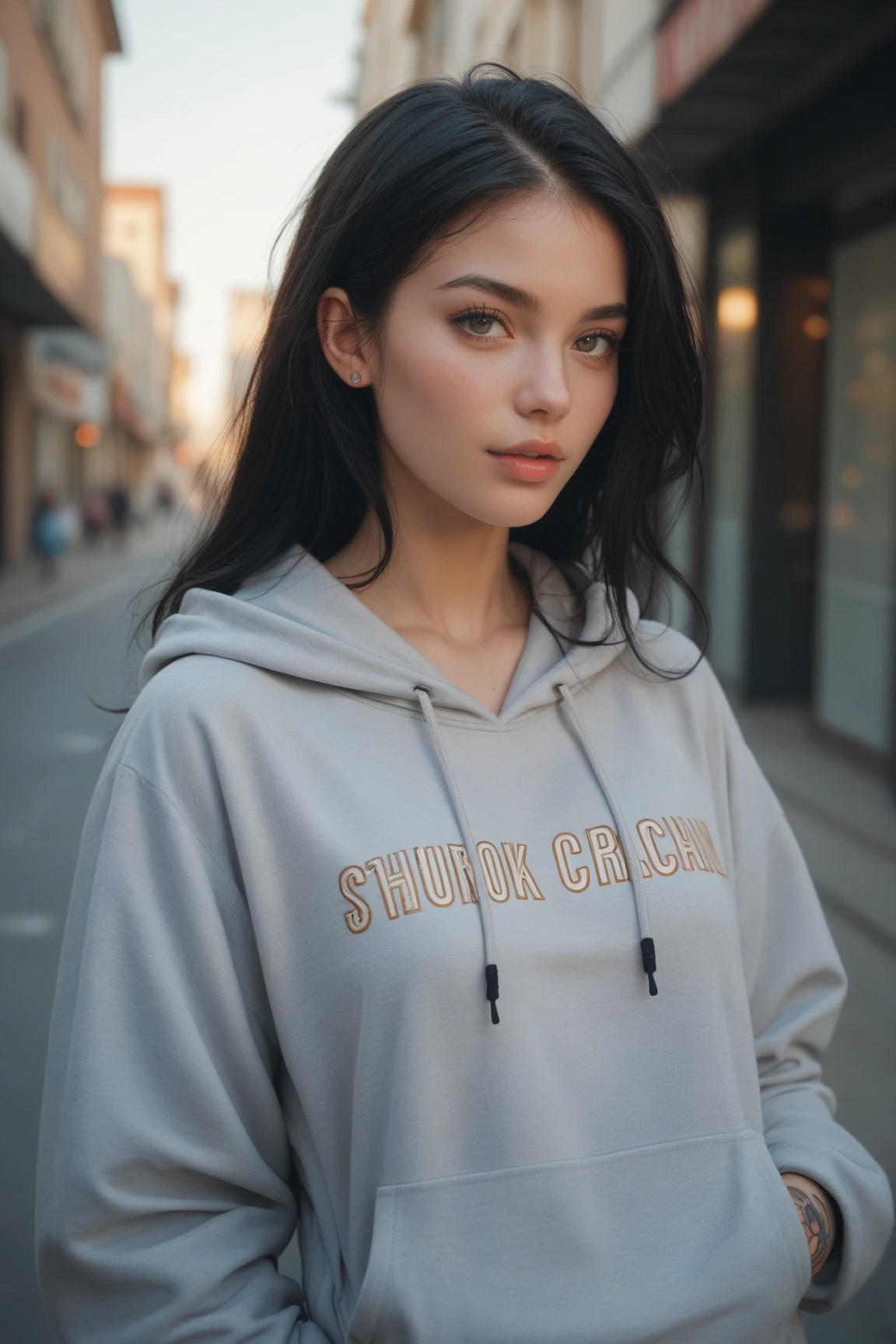 photography of a 20yo woman, perfect face, masterpiece, Red Hoodie, same face, fully_clothed, no brand, seductive, dressed, Croatia, Street photography,