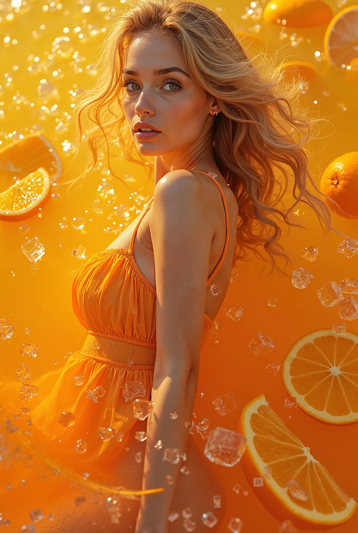 Drink label with, Elegant blonde woman, Estilo Retrato, holding glass of drink, soft yellow and red clothes, brazilian style, neutral geometric style background with mango fruits