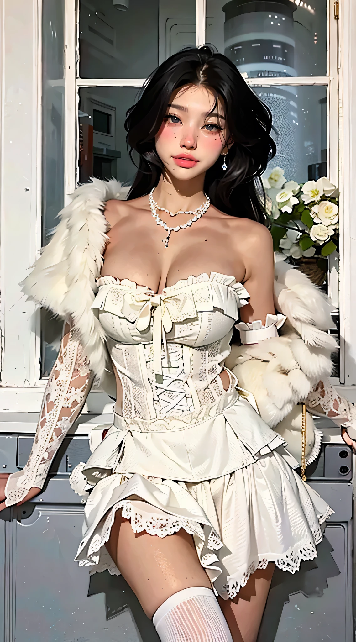 ((table top)),(((highest quality))),((超be familiar withな)),((((realistic)))),((messy hair)),((frills)),(one woman),(alone), (focus on),lipstick,dynamic angle,Big sleeves,floating,Beautiful be familiar with the sky,Water with beautiful details,beautiful and delicate eyes,exposed,(fist),Expressionless,Side Brand Van,Rabbit between the eyes,ribbon,A bow tie,button,bare shoulders,(((big breasts))),be familiar with,Blanc Stare,pleated skirt,flowers、((White corset suit))、(((By the window in a dimly lit luxury hotel bedroom)))、(do it yourself skirt lift:1.5),