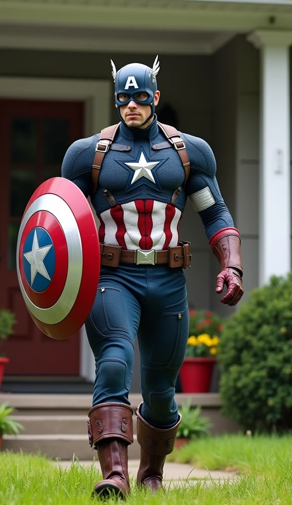 (RAW photos:1.2), (Reality:1.4), Character Steve Rogers wearing Captain America costume, No mask, Very detailed eyes and face, Beautiful and delicate eyes, whole body, 4K resolution, High quality model, High Detail, HD, Face lighting, light