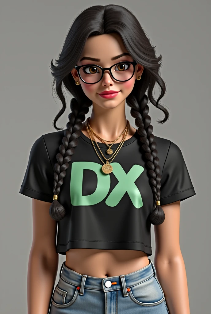 Cute 3D character, brown skin woman in a white cropped t - shirt and a pink purse, y2k style, thick body, thick hips, black long straight hair , wearing a sexy cropped tops, diamond grillz on teeth, pink hair band, black short skirt, doja cat, wearing a cropped top, belly button showing, rapper, graphic tees shirt, Angry face