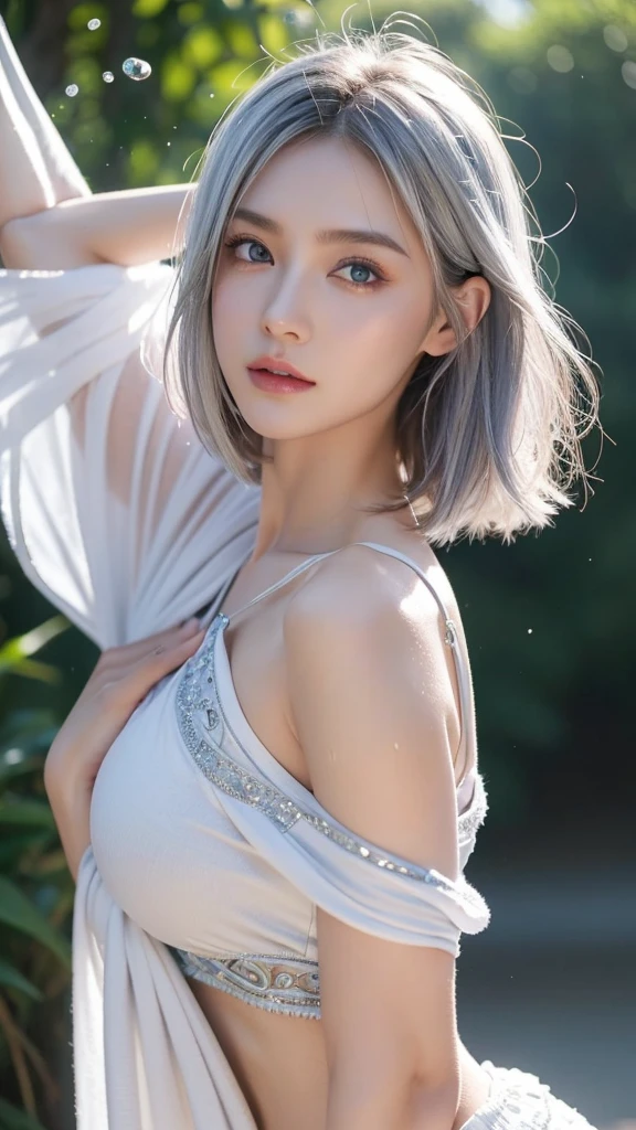 8K, Top Quality, Intricate Details, Ultra Detail, Ultra High Resolution, Masterpiece, random angle, Slender, Smile, (Makeup: 0.4), (Fluffy Blue Eyes: 1.21), blue Eyes,, ((full body)), 1girl, solo, 1 girl, (( full body)), close-up shot, , , ((tall)), (((fit body))), (((slim face))), sharp face, sharp eyes, ((( ((alternate hair color)),half black hair, half white hair, medium hair, ))) (detailed face), sharp face, small lips, thin lips,
(( short)), detailed face, detailed breast, , large breast, big breast, detail, , Beautiful girl with accentuated slender abs: 1.4, Six Pack Abs: 1.4, Bust Botox, Big, Perfect Body, detail leg, (( moonlight)), top of mountain
