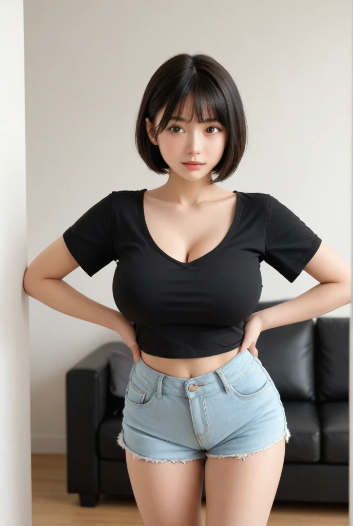 muste piece, best quality, illustration, Super detailed, fine details, High resolution, 8K,wall paper, perfect dynamic composition,(Details High quality, realistic depiction of eyes:1.3), A girl wearing a black T-shirt, Erotic Shorts, knee high socks, short bob hair, black hair color, Big Natural Color Lip, bold sexy pose, (perfect body shape), crying a little、cold gaze, Harajuku style、20 year old girl、cute type、ta、beautiful legs, hotel room, hposing Gravure Idol, Voluptuous thighs