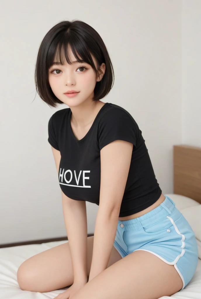 (highest quality, Very detailed, masterpiece:1.2), 1 female, very thin body, Long, slender legs, ((Black wavy Short Hair:1.2)), ((Thick and fluffy bangs)), Very detailedな顔,faint smile, Small, thin nose, small thin mouth, Extremely sharply focused eyes, Japanese, Beautiful Face, Realistic eyes, Beautiful and beautiful eyes, Realistic Skin, Beautiful Skin, charm, (A vivid face), Beautiful Hairstyles,In underwear,(T-Shirts,panties panty pull),Messy room
