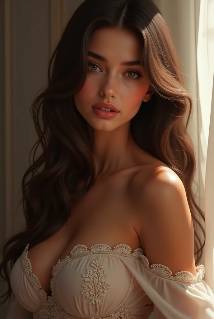 ((Highest quality, 8k, masterpiece: 1.3)), sharp: 1.2, Perfect Body Beauty: 1.6, ((Layered Hairstyles, Big Breasts: 2.0)), (Red lace dress: 2.0, Off-the-shoulder dress: 2.0, Bold breast exposure: 2.0), (Nipples with tips buried in the chest: 2.0), ((long hair: 2.0)), ((necklace)), Earrings, ring, Bracelet, Hair Accessories, ((Beautiful young teenager woman)), ((Straight nose)), (Eyeliner), Armpit Hair, Bristles, ((White and beautiful skin)), Wavy Hair, Beautiful attention to detail, Super detailed, Highly detailed face and skin texture, fine grain, double eyelid, Black Hair, Big Ass, Lower Body, Thighs, (((Skinny))), Wet and shiny lips, smile, Get a grip on your body, ((Anatomically correct human body)), ((Crisp body shape)), Ribs, clavicle, Protruding skeleton, A face without nasolabial folds, Shyness, Thin eyebrows, Big eyes, (shoot from side: 1.0), (Narrow shoulders: 2.0), (Smile: 1.0), Corset-like dress