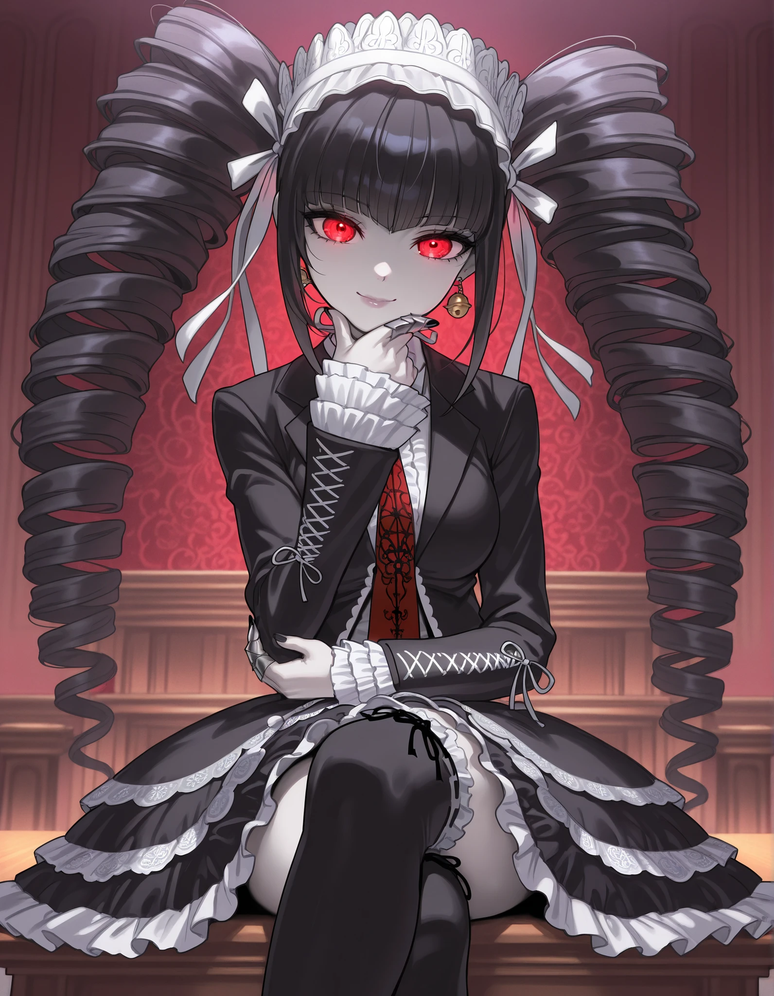 masterpiece, best quality, amazing quality, very aesthetic, absurdres, newest, celestia ludenberg, 1girl, solo, long hair, smile, lips, bangs, white shirt, black hair, red eyes, long sleeves, twintails, looking at viewer, sitting, bell earrings, frills, print necktie, black thighhighs, black skirt, nail polish, black jacket, drill hair, crossed legs, frilled sleeves, red necktie, black nails, twin drills, gothic fashion, layered skirt, bonnet, claw ring, frilled thighhighs, frilled skirt, pale skin, medium breasts, beautiful body, vibrant colors, glowing eyes, hand on own elbow, touching chin, courtroom, mosaic pattern