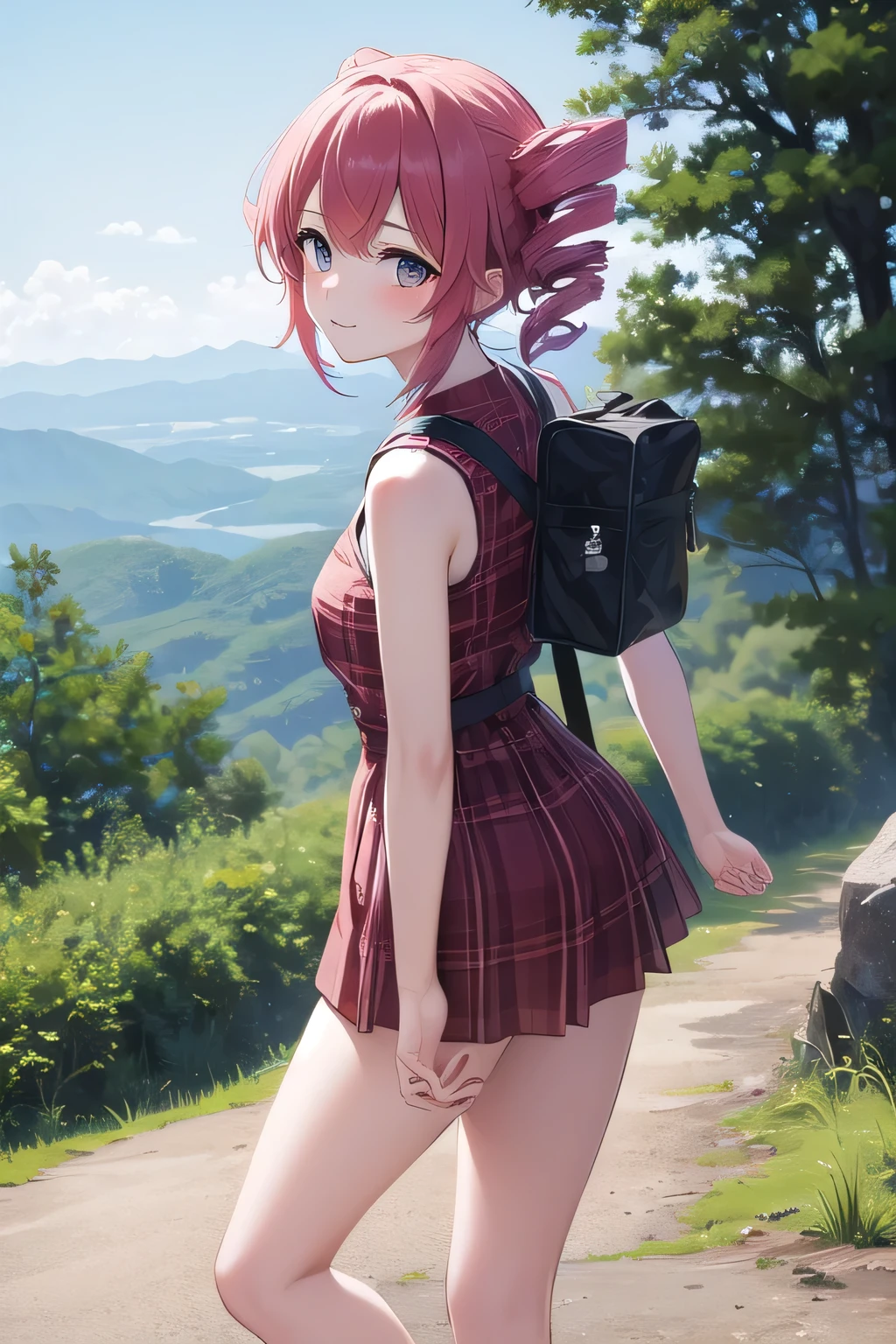 ((best quality)), ((masterpiece)), (detailed),1 girl。Kasane Teto。twin drill。 hiking 。Mountain trail。