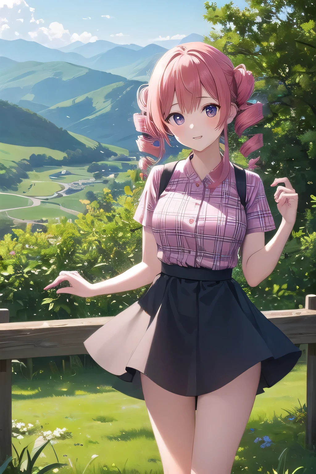 ((best quality)), ((masterpiece)), (detailed),1 girl。Kasane Teto。twin drill。 hiking 。Mountain trail。