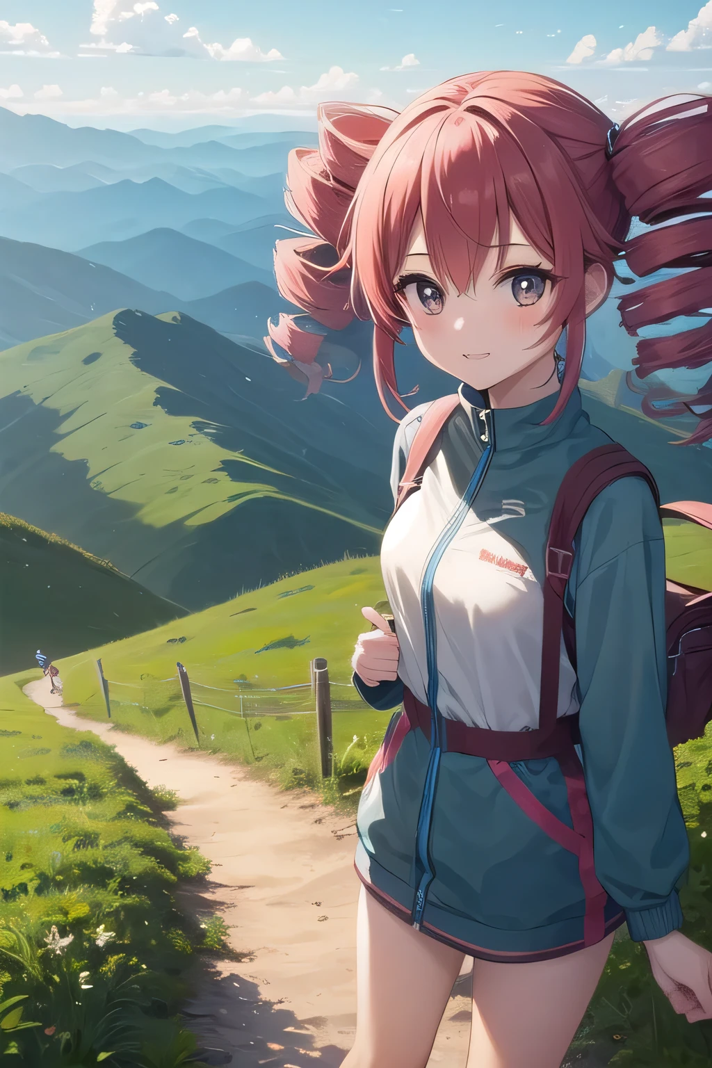 ((best quality)), ((masterpiece)), (detailed),1 girl。Kasane Teto。twin drill。 hiking 。Mountain trail。