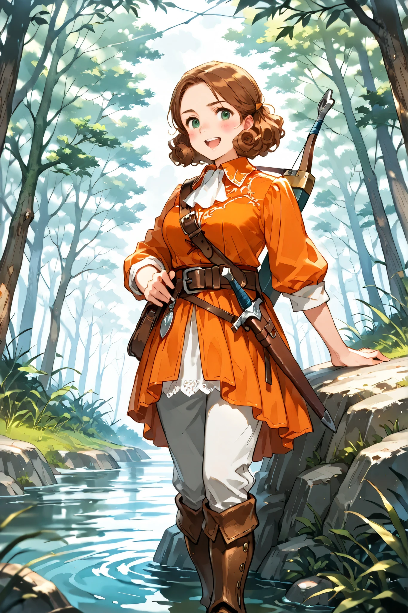 adult halfling,  female, white skin, short stature, curly brown hair, green eyes, rosy cheeks, wearing a orange caviler era doublet, leather greaves, grey breeches, leather belt with water skin and small sheath,  shortbow and quiver on back, ranger, standing atop a boulder overlooking a forest, sunny day, [[determined, confident, excited]], (18th century clothes, pirate era clothing), fantasy art, dungeons and dragons, close up