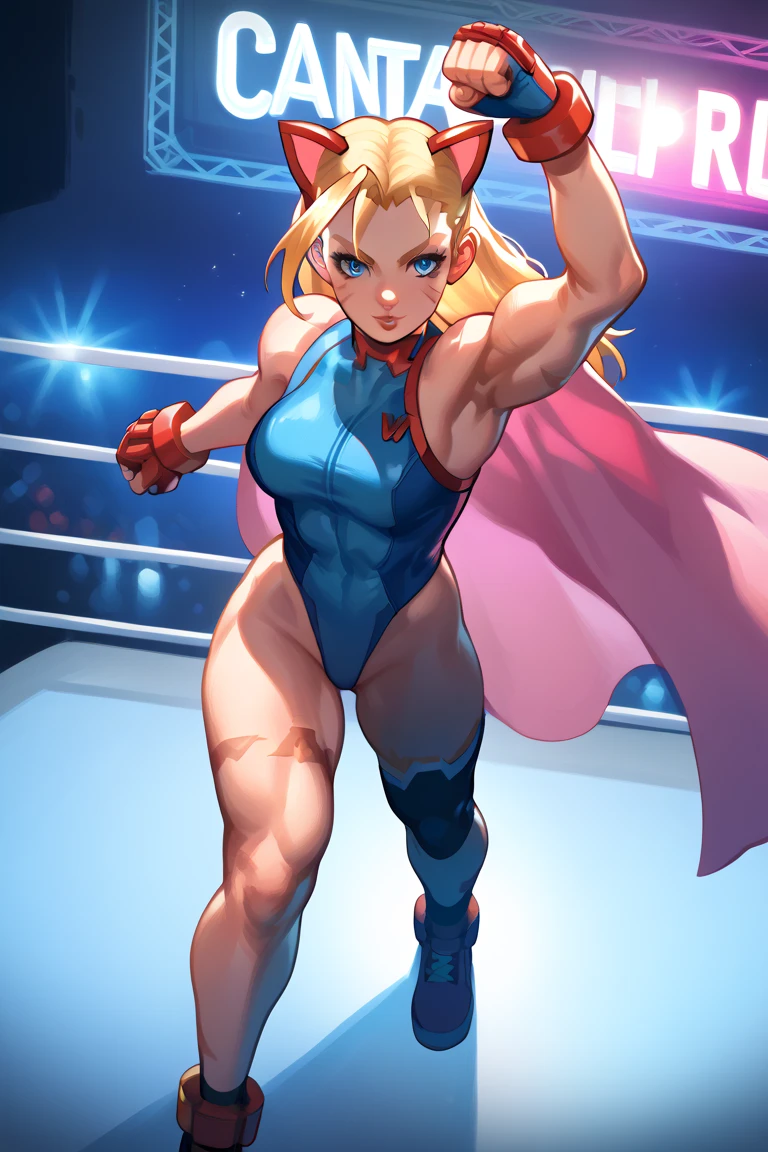 Super muscular woman, adorned in a mini bikini that barely contained her massive muscles, stood ready for a fight. Her long, loose flowing hair cascaded down her back, shimmering gold under the spotlight. The minute bikini left little to the imagination, its bright colors contrasting sharply against her colossal form. Her giant muscles rippled with potential energy, a testament to years of rigorous training. The setting was a stadium, filled with the hushed anticipation of the crowd, waiting for the fight to begin. The woman's eyes narrowed, focused, and a determined smile curled at the corners of her lips. The fight was about to begin.