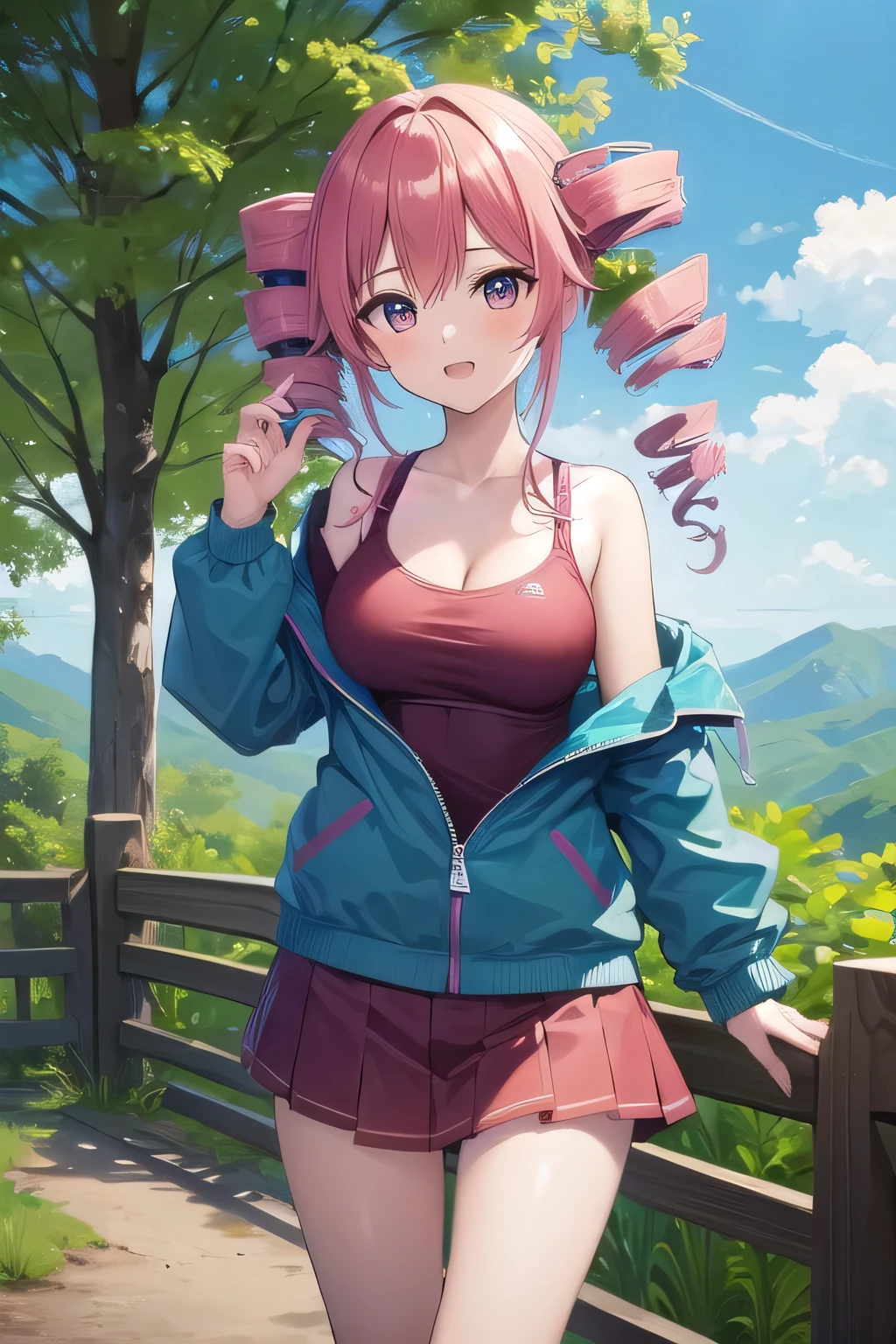 ((best quality)), ((masterpiece)), (detailed),1 girl。Kasane Teto。twin drill。 hiking 。Mountain trail。Cottage。windbreaker。cleavage。