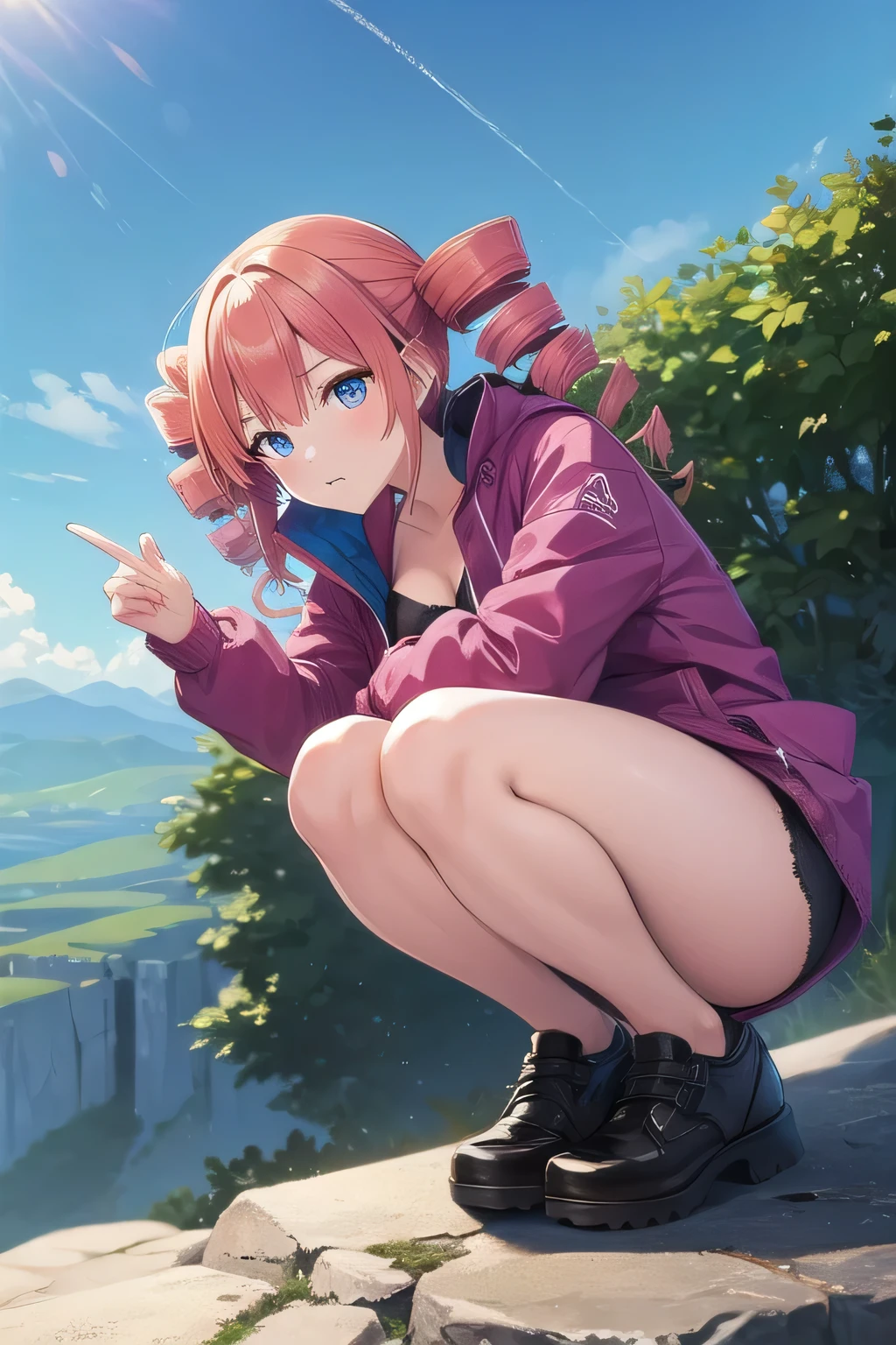 ((best quality)), ((masterpiece)), (detailed),1 girl。Kasane Teto。twin drill。 hiking 。Mountain。Cottage。windbreaker。cleavage。squatting。can see panties。