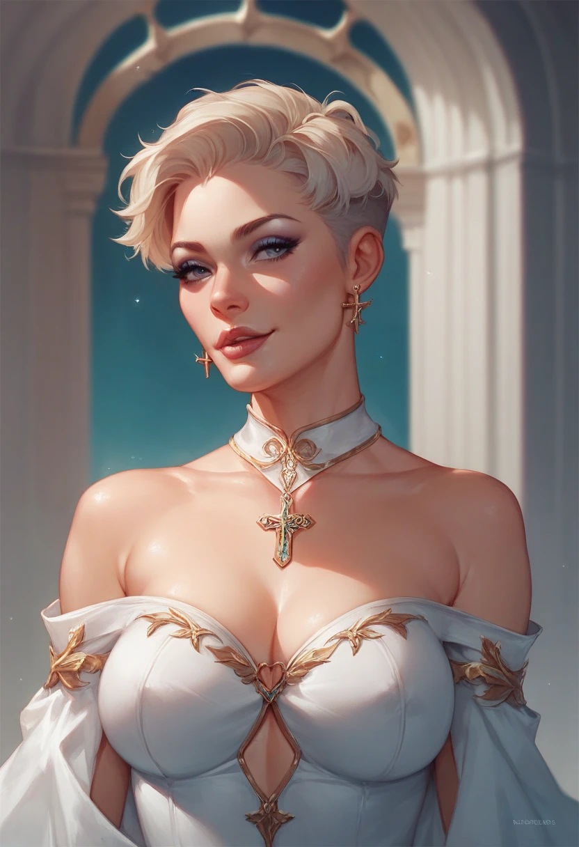 1girl, bethel, blue eyes, bare shoulders, breasts, medium breasts, short hair, white hair, hair over one eye, bangs, gloves, sleeveless, solo, shirt, fingerless gloves, white shirt, sleeveless shirt, arms behind back, off shoulder, horns, smile, (masterpiece), (best quality), (ultra detailed), indoors, simple background, blue flowers,