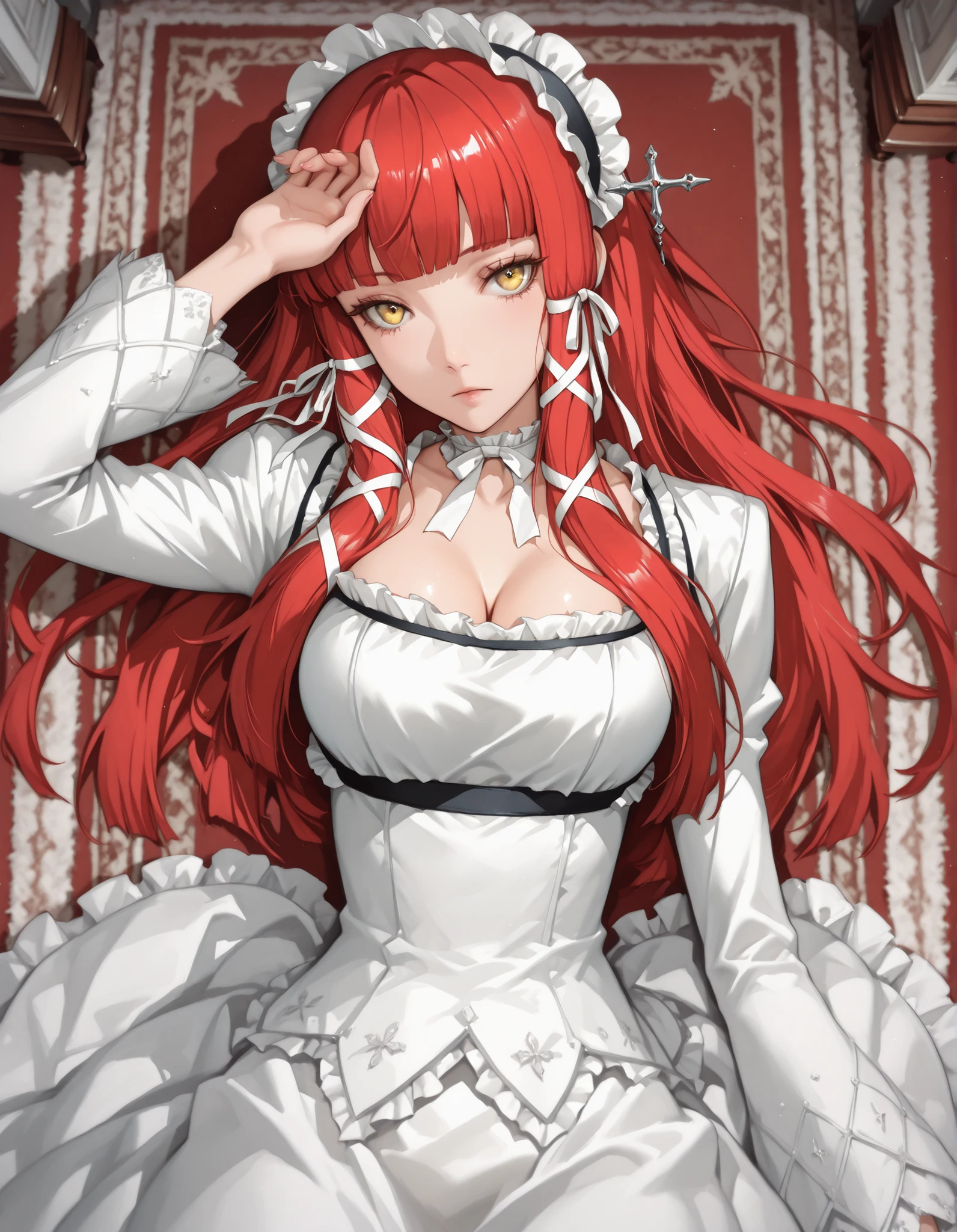 score_9, score_8_up, score_7_up, source_anime, 1girl, solo, lying, lying down, expressionless, morimee_style, y0shino, long hair, red hair, blunt bangs, hair ribbon, white ribbon, tress ribbon, yellow eyes, frilled hairband, headdress, frills, white dress, frilled dress, layered dress, bow choker, white choker, frilled choker, white bow, cleavage, hand on own forehead, mansion, victorian mansion, carpet, from above, pov, looking at viewer, artist:moriimee, masterpiece, cowboy shot