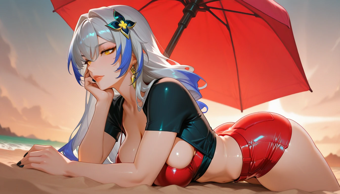 PrinzV4;
This image captures a striking cartoon depiction of a woman lying on a beach, her posture relaxed and at ease under the expansive blue sky that stretches out above her. The woman is dressed in a garment that suggests a sense of intimacy and delicacy, reminiscent of undergarments or lingerie, potentially including items like a brassiere. The colors in the scene are vivid and distinct, with the dominant tones of white, blue, and red painting a picture that is both eye-catching and thematic. The beach setting is evident not just from the sandy ground that the woman rests upon, but also from the outdoor ambiance that the image exudes, suggesting the serenity and openness of a coastal landscape.;
The character herself could be described as belonging to the anime genre, given the stylization of her features and the overall aesthetic of the artwork. This suggests a narrative or thematic depth that goes beyond a simple beach scene, potentially hinting at a story or character background that viewers might find intriguing. The sky is a significant element in the composition, hinting at a time of day that is bright yet not overwhelming, possibly the early hours of the afternoon where the sun bathes everything in a gentle light.;
Despite the serene setting, the image carries an adult theme, suggested by the choice of garment and the woman's pose, which speaks to a more mature audience. The artwork does not shy away from evoking a sense of sensuality, yet it manages to do so without crossing into explicit territory, maintaining a balance that keeps the focus on the artistic and thematic elements of the scene. This careful balance makes the image a compelling piece for those who appreciate not just the beauty of the artwork but also the subtleties of its thematic and narrative implications.;