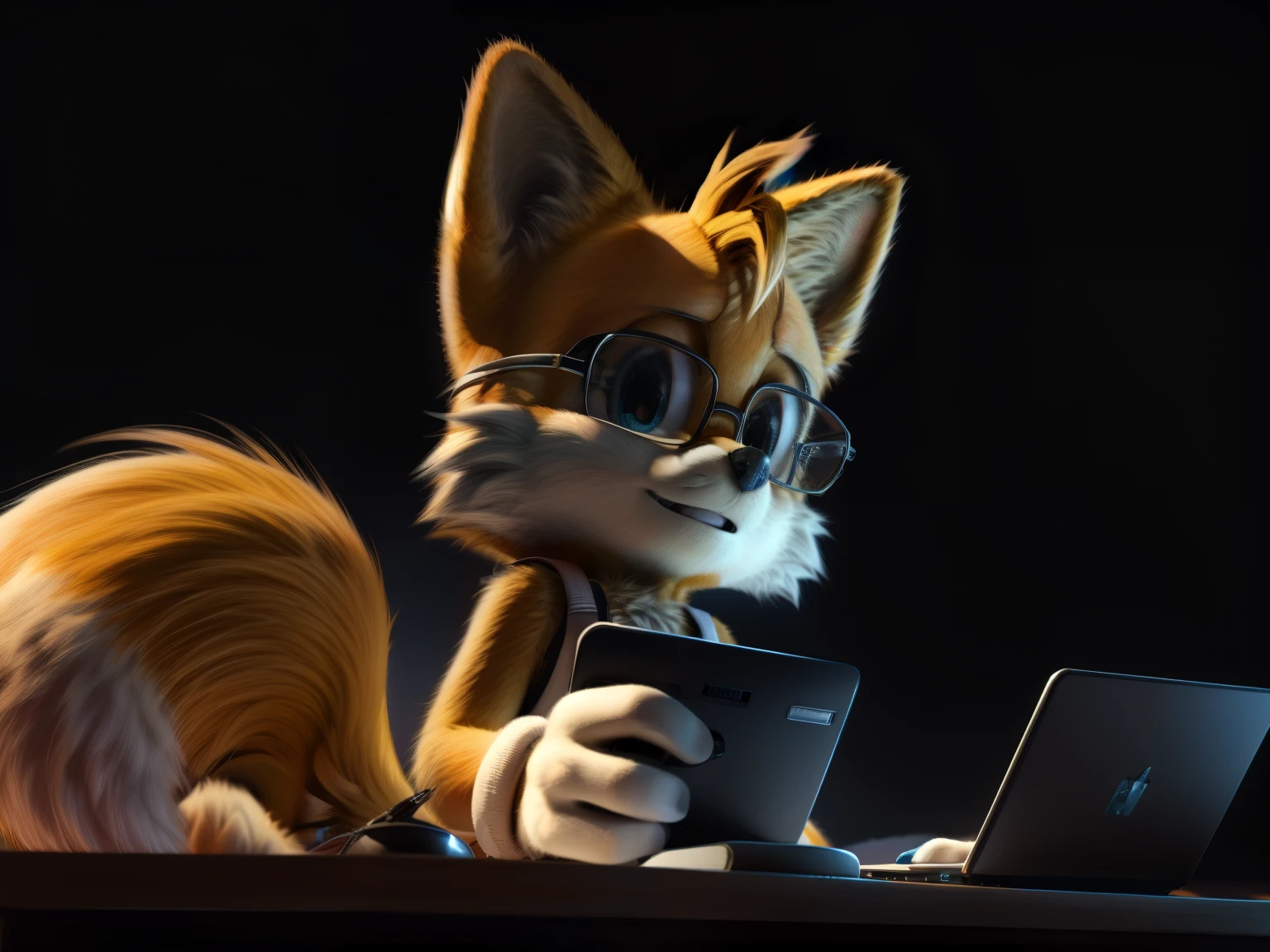 Miles tails prower, cute, fluffy tails, with glasses, typing on a laptop on a desk, dark background, front perspective