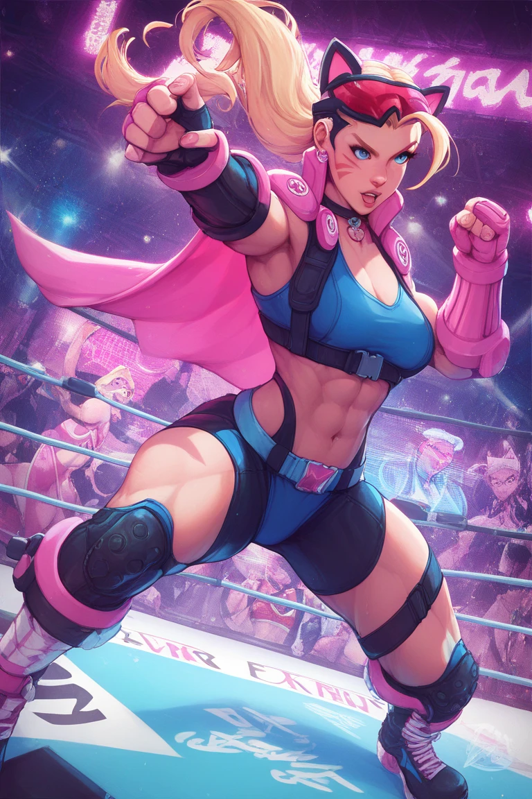 (Masterpiece, 4k, plain background:1.2) Female Cammy White Street Fighter red gloves gauntlets full body standing straight symmetrical feet together looking to the viewer RED full body armored, 2 crossing big belt under belly button, navel, abs, garter straps belts attaching bra big knockers, view from below, wide hips, thick thighs legs apart from below depth range, smile red cheeks, long messy hair ponytail, (handcuffs, shackles, rerebrace, faulds, poleyn, leather collar choker, high boots bootstraps, sleeves, stockings) ((hands on hips))
