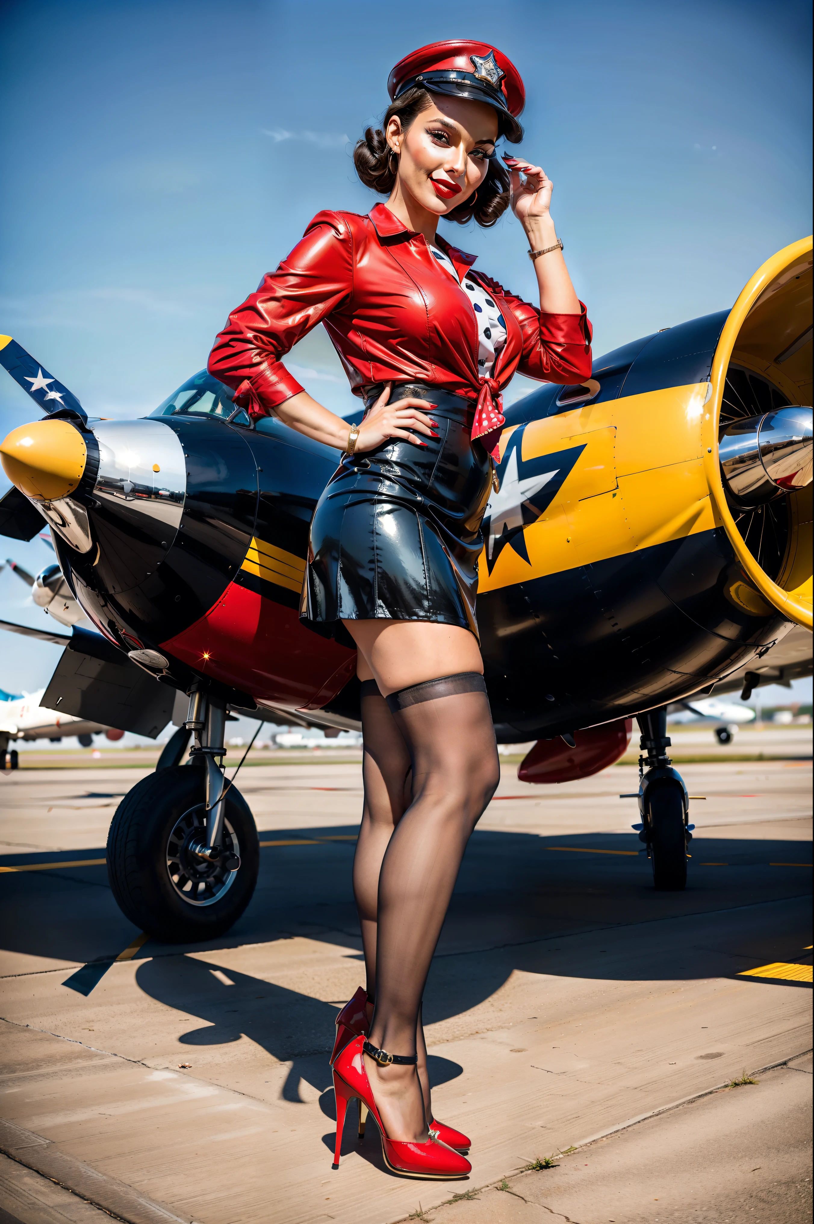(rearview: 1.2), ((full supermodel body)). Digital illustration of a glamorous young woman from the U.S. Air Force posed in a classic pinup style on an airport tarmac. She’s perched playfully on the wing of a vintage fighter plane, wearing a fitted blue Air Force uniform jacket, unbuttoned to reveal a red polka-dot blouse tied in a knot at the waist, paired with a high-waisted, pleated skirt that flares out flirtatiously. Her legs are showcasing black stockings and shiny red high heels, while a jaunty Air Force cap sits tilted on her head. Her brunette hair is styled in voluptuous victory rolls, and she flashes a coy smile with bold red lipstick, holding a small American flag in one hand. The plane behind her boasts a blue and white striped tail with a red star, gleaming under a golden sunset sky. The mood is cheeky, glamorous, and timeless, dripping with 1940s pinup charm.