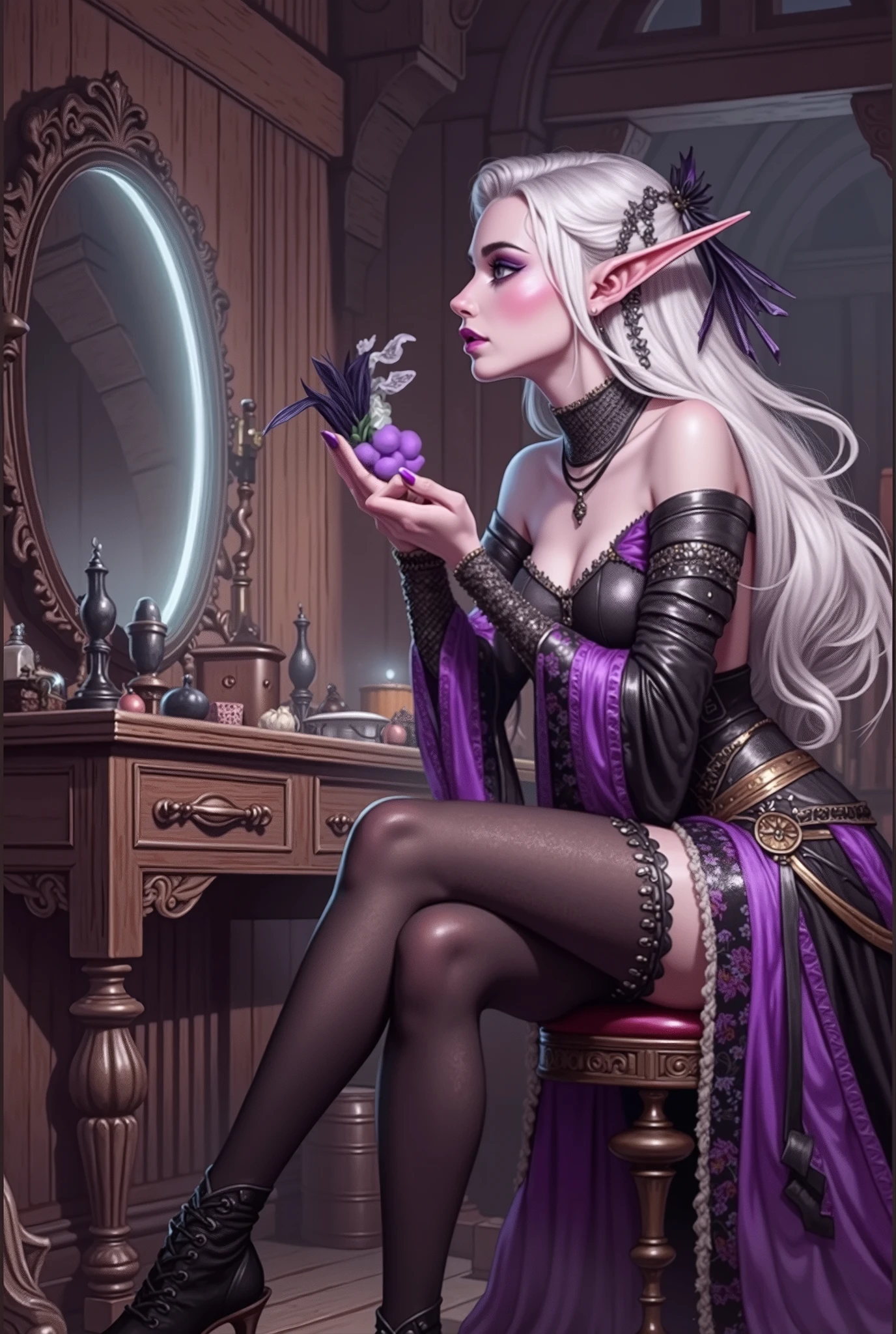 (Ultra-detailed face, Looking Away, Gothic Illustration, Dark Tone Colors.) , BREAK
(An underground court of dark elves deep underground. The room is in medieval European gothic style, purple lighting. A female dark elf sorceress in a graceful, bold pose sits at a dressing table, looking in the mirror and elegantly applying her makeup.) , BREAK
(The female dark elf has white hair and white eyebrows, crisp bangs, long wavy hair to her waist, small pink lips, lavender eyes, dark purple skin, and dark eyeliner.), (She wears a shiny black bib necklace with a net covering her neck. She wears a purple medieval European classic naval officer style lace up dress with embroidery and gold braid. She wears black boots with silver embellishments.)