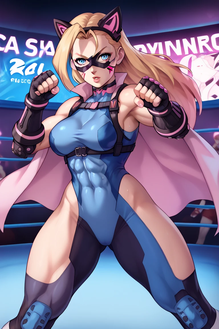 A beautiful girl beautiful attractive big breast white hair messy cut her eye blue eye cute latina pink lip dresses shiny black coat under black bra shows navel and a blue thong blue socks long net transparent big brown boot black boxing glove
