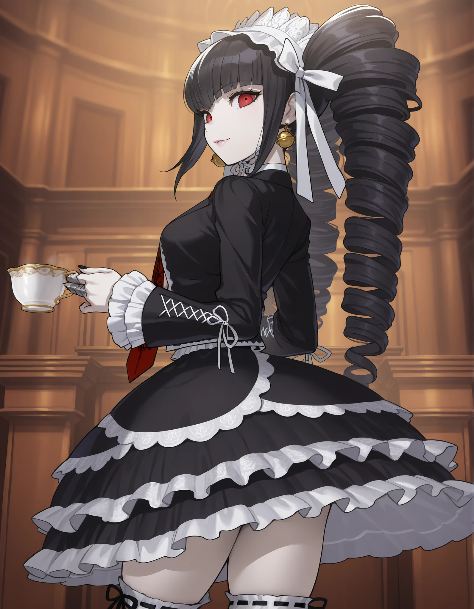 anime screencap, masterpiece, best quality, amazing quality, very aesthetic, absurdres, newest, celestia ludenberg, 1girl, solo, long hair, smile, lips, bangs, white shirt, black hair, red eyes, long sleeves, holding, twintails, standing, looking back, bell earrings, frills, print necktie, black thighhighs, black skirt, nail polish, cup, black jacket, drill hair, frilled sleeves, red necktie, black nails, holding cup, twin drills, teacup, gothic fashion, layered skirt, bonnet, claw ring, frilled thighhighs, frilled skirt, pale skin, medium breasts, beautiful body, vibrant colors, courtroom, mosaic pattern, from bellow, looking at viewer, thighs