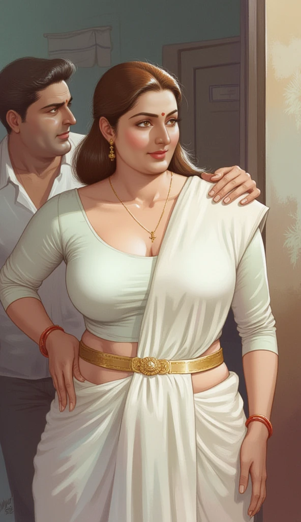 An extremely beautiful stunning busty woman, with gold blonde long silky hair, big blue eyes, extremely super bright snow white fair stunning flawless glowing lush shiny flawless white skin, a perfect tight hourglass figure, and a skinny waist, sexy thick smooth luscious legs and thighs, extremely cute smile on the face, bright pink blushes on cheeks, wearing a black transparent saree and a brown off-shoulder sweater, yellow heels, gold necklace on the neck, gold anklets on feet, gold chain on the waist, standing straight, holding a red roses bouquet, street in the background, show full body from head to feet.
