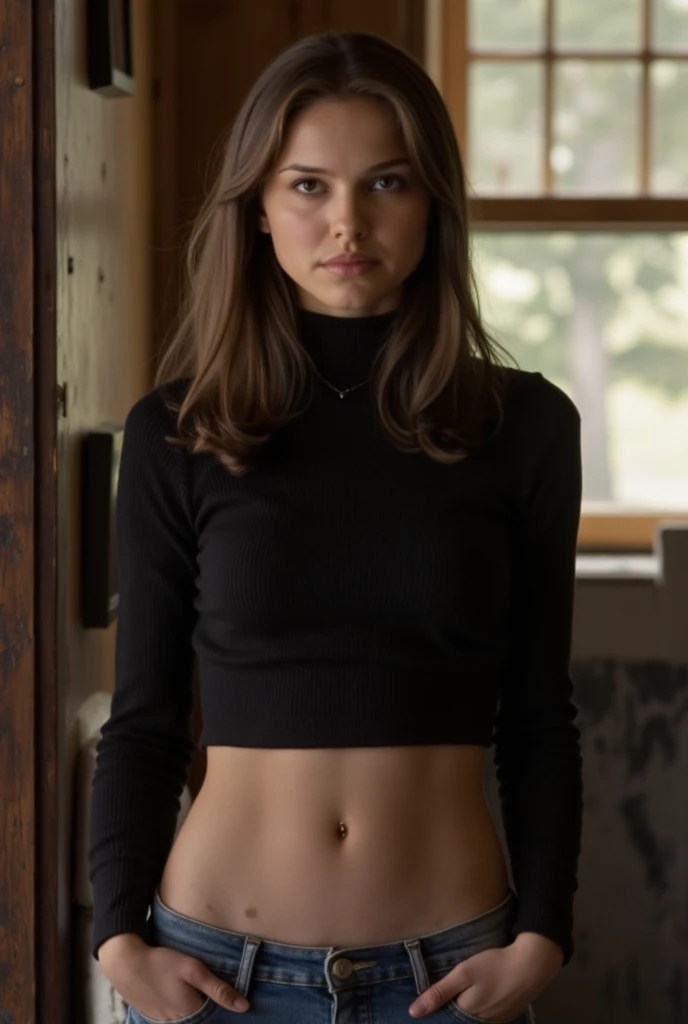 One woman, curly brown hair, perfect face and beautiful eyes, perfect figure and shapes, dressed in a defiant way against the background of the theater