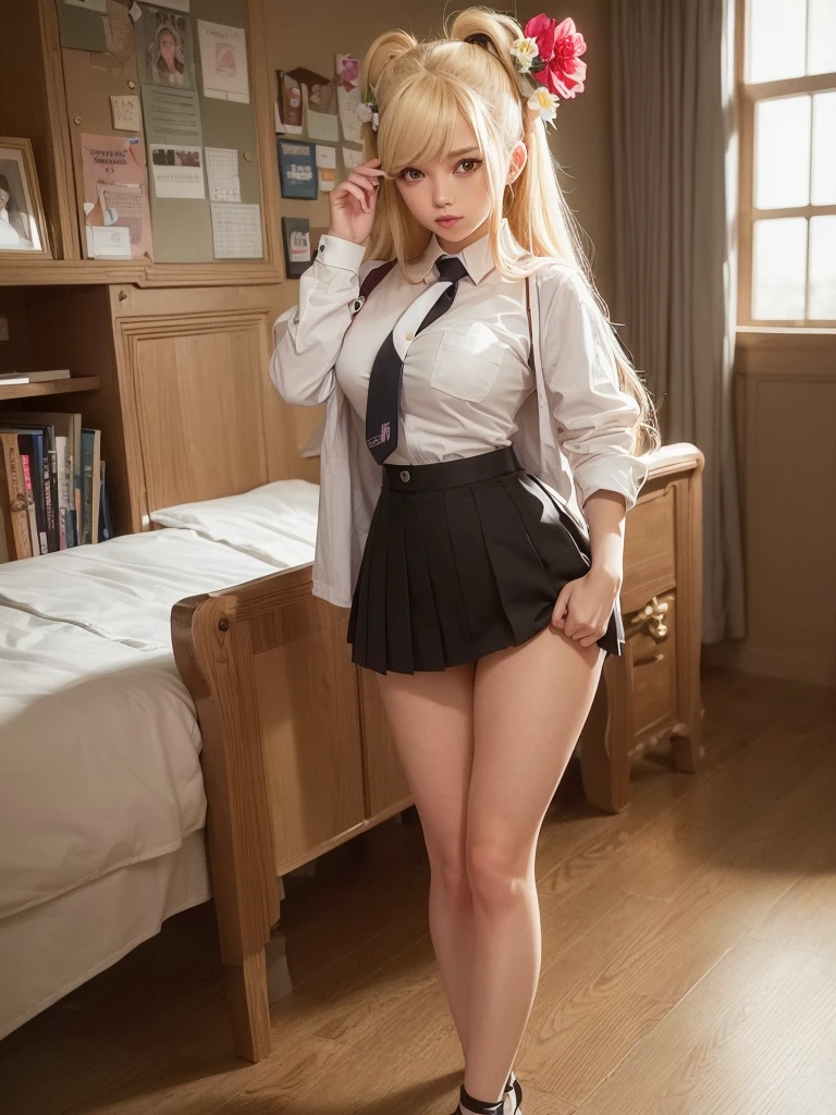 PERFECT MASTERPIECE, EXTREMELY DETAILED CG UNITY 8K UHD QUALITY RESOLUTION WALLPAPER, PHOTOREALISTIC, RAW PHOTO, AWARD-WINNING PORTRAIT, OFFICIAL ART, PROFESSIONAL CINEMATIC LIGHTING, The most beautiful and sexy school girl, very long blonde colored hair, vibrant moonlight eyes, long detailed eyelashes, blushing, full pouting pink lips, curvy body type, full hips, super huge enormously gigantic tits, cleavage showing, gigantic tits bursting out of her shirt, wearing a school girl uniform and school girl skirt, pointing her butt at the viewer spreading her legs open arching her back in a sexy seductive slutty pose, white lace panties showing, looking back at the viewer, close up pov camera view from below, sexy seductive slutty facial expression, school campus background