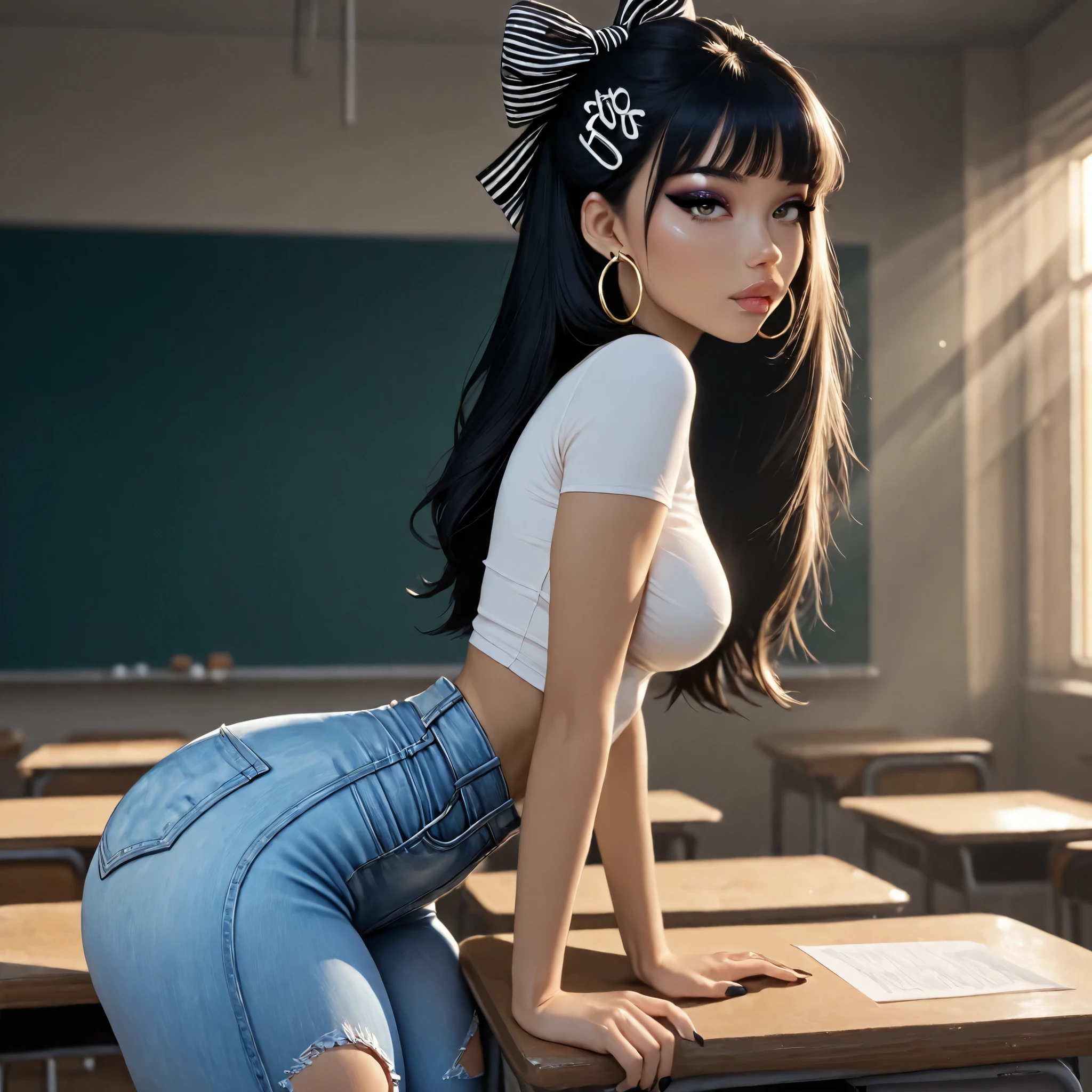 1girl, Solo, black nails, eyeliner, tight t shirt, ripped jeans, High Resolution, looking at viewer, Bangs, Hair Bow, Masterpiece, High Resolution, Anatomically Correct, Detail, High Details, High Quality, medium round breasts, Hoop Earrings, Hair Ribbon, Jewelry, Hair Clip, Backlighting, Bloom, Cinematic Lighting, God Rays, Beautiful Young girl, Babyface, glossy lips, skinny, short black hair, in classroom, leaning on desk, view from side, bending over, from thigh up, influencer, model
