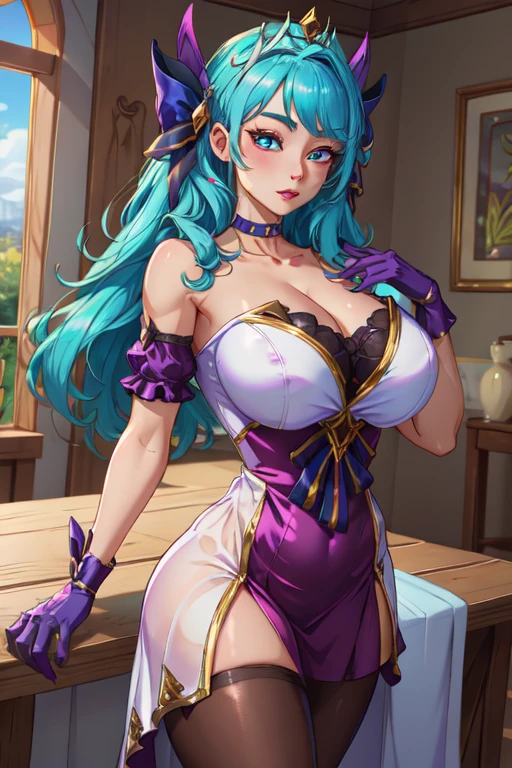 masterpiece, best quality, 1 solo girl, silverly blue hair, purple eyes, long hair, medium breasts, sexy body and face, wavy hair, smile, sleeveless shirt, scarf, black thigh-high, mini skirt, pendant, bracelet, jewelry, earrings, feather hair ornament, book, lying at the bed, night, sexy pose, cowboy shots, detailed body, face, and eyes, sharp focus, vibrant, creative, dynamic, high definition, high resolution, 8k, (Upscale: R-ESRGAN 4x+ Anime6mage enchance:4x), voluptuous body, cinema lightning, dakimakura style, looking at the viewer,