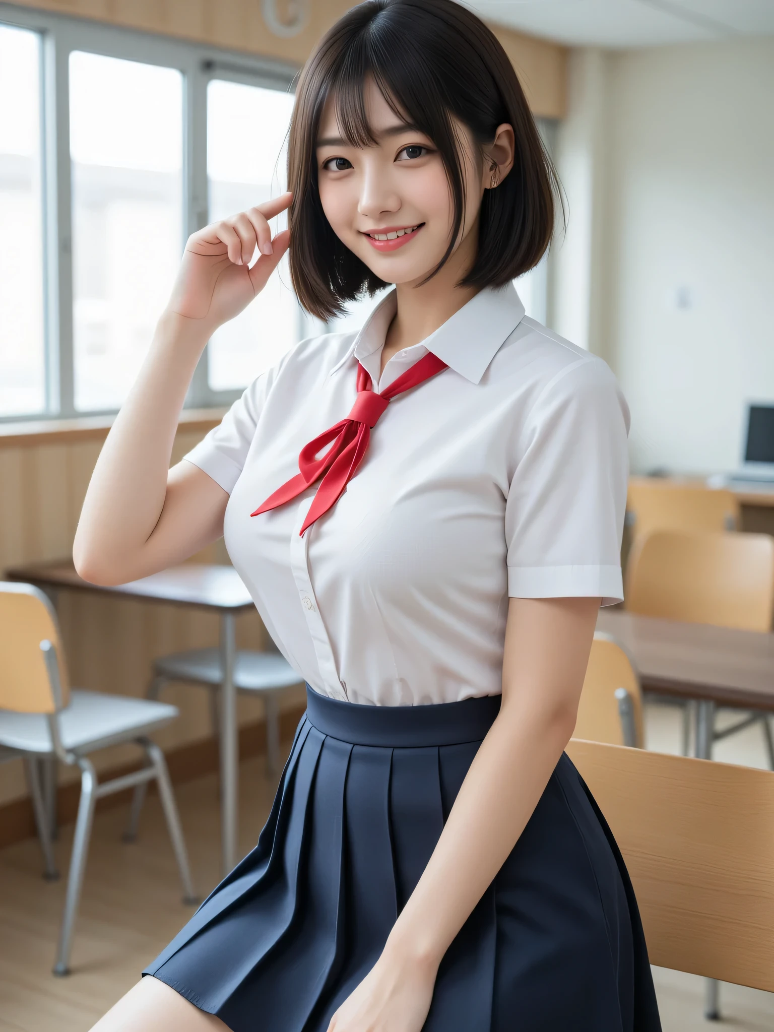 japanese cute idol, Japanese cute girl, kawaii, a pretty woman is posing at the school Teacher's room , 1girl, solo, realistic, smile, school uniform, short hair, black hair, nsfw, masterpiece, best quality, hyper detailed, insanely detailed, 16k, japanese , cute, kawaii, photorealistic, Realism, raw photo, real person , 1girl, solo, black hair, short bob hair, breasts, realistic,