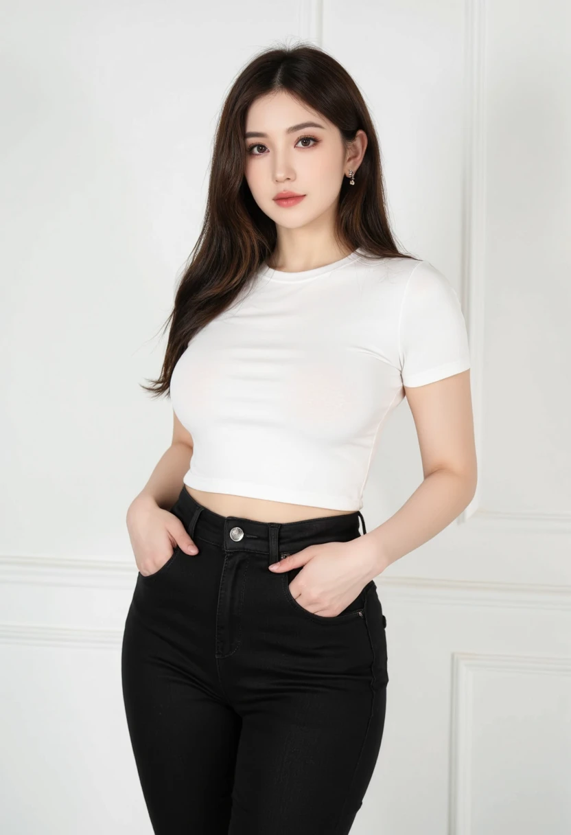 (whole body photograph of a lovely young Caucasian woman) (2), (((redhead))), (((light grey eyes))), thin face and delicate cheeks, full lips, (red lipstick), ((basic makeup))), large big and natural breasts, medium hair, seductive smile, wearing a nice white tank top and denim shorts and showing the whole body. The details of the face are perfect