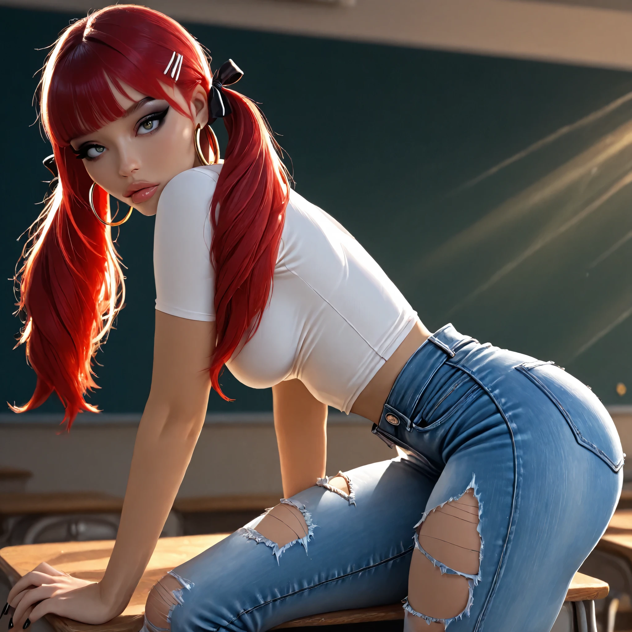 1girl, Solo, black nails, eyeliner, tight t shirt, ripped jeans, High Resolution, looking at viewer, Bangs, Hair Bow, Masterpiece, High Resolution, Anatomically Correct, Detail, High Details, High Quality, medium round breasts, Hoop Earrings, Hair Ribbon, Jewelry, Hair Clip, Backlighting, Bloom, Cinematic Lighting, God Rays, Beautiful Young girl, Babyface, glossy lips, skinny, redhead, pigtails, in classroom, leaning on desk, view from side, bending over, from thigh up, influencer, model