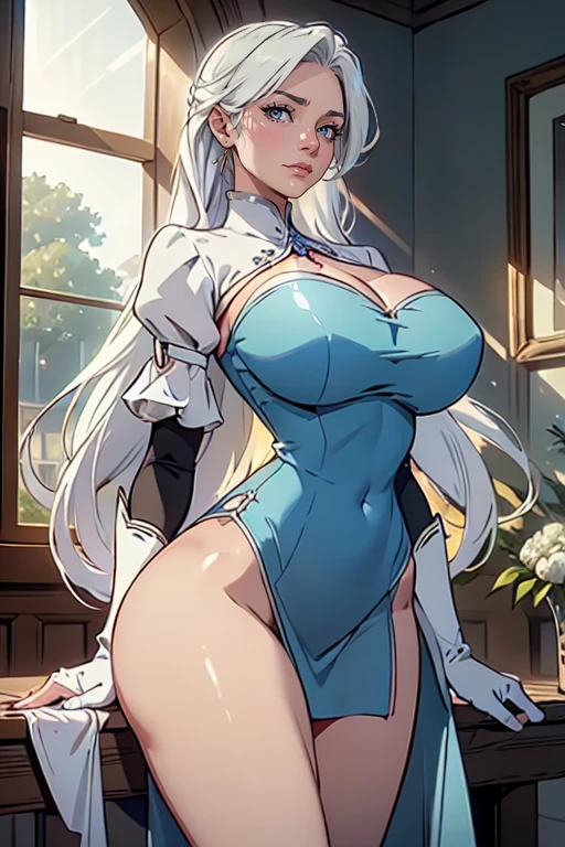 [white color:Blue:0.65] theme，杰作，to stand，A masterpiece of a mature woman，Detailed visual art，（Detailed eyes：1.3），Blue eyes，Long silver hair，eyeshadows，Elf ears，fcollarbone，Royal Queen，elegantly，White corset underwear，naked shoulders, Big tits:1.3, opening crotch, Thigh seams, groin, Long boots，[NSFW|Uncensored], (background simple:1.1) , Low wing,The whole body