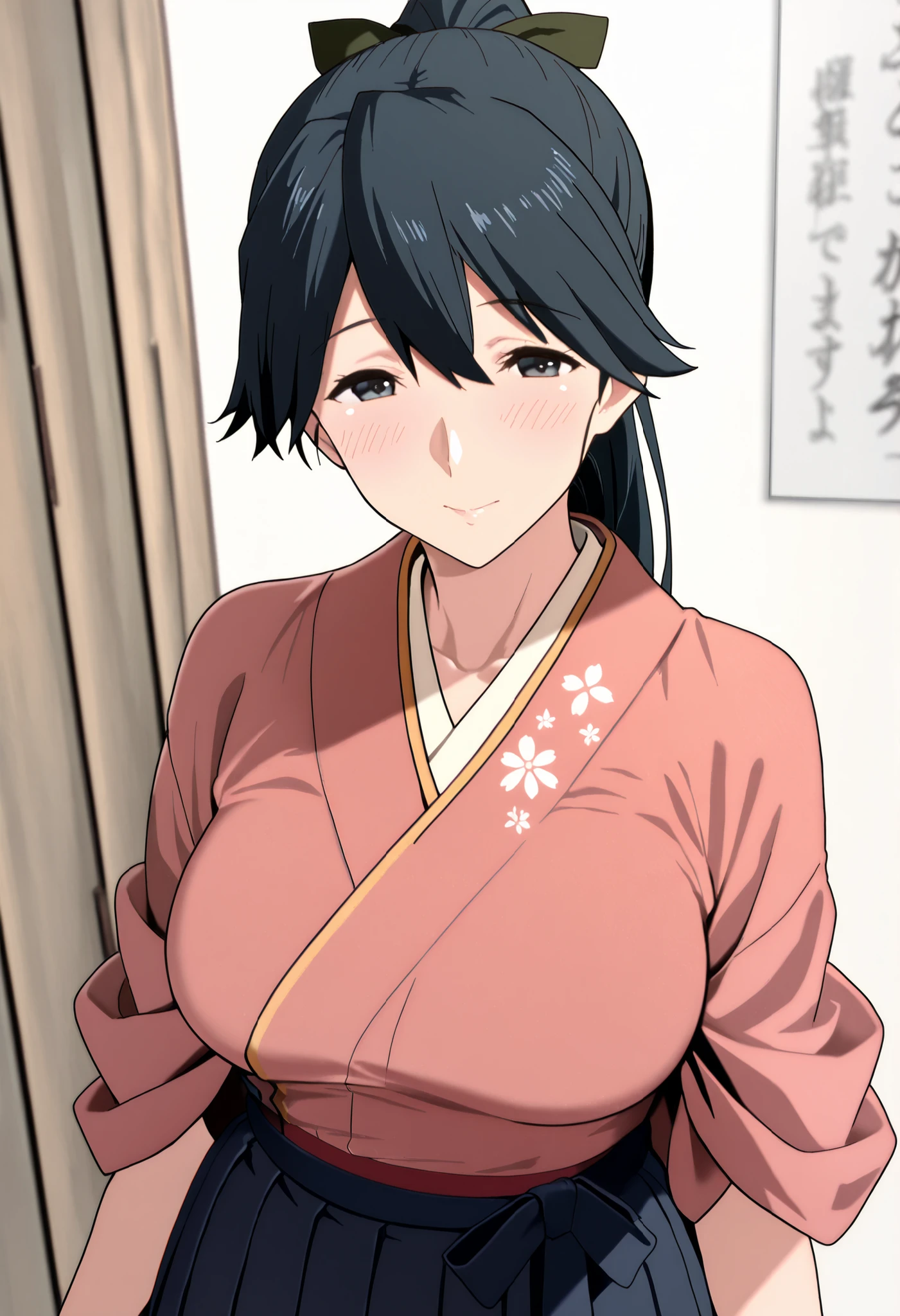 {houshou (kancolle)}, breasts, black hair, pink kimono, long hair, hair ribbon, ponytail, Mature Woman, score_9,score_8_up, score_7_up, source_anime, masterpiece, best quality, ,split bangs, , , one woman, , alone, navy blue pleated skirt,