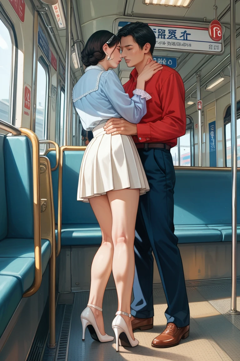 SFW, realistic, masterpiece, VERY crowded subway train interior detailed scenario, VERY crowded subway train interior detailed background, standing insanely hot (Indian woman 1) using sexy mini skirts, (big ass), (thick thigths), (fear expression), blhushed face, young man kissing ass woman 1 from behind,(((young man kissing ass of woman 1 back))) and (((holding her waist behind her)))