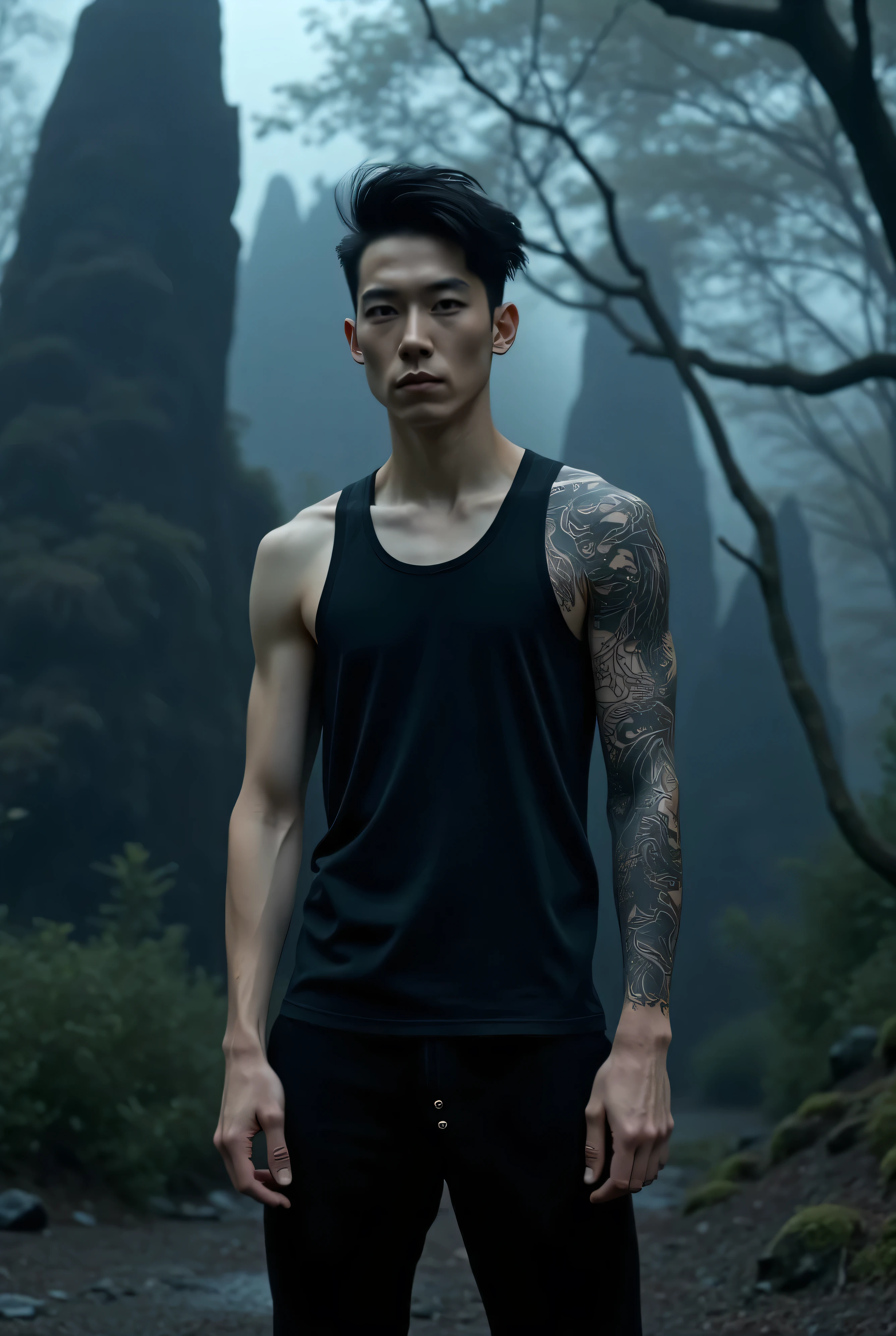 Ultra-realistic full-body image of a stylish, handsome young Asian man standing confidently in a dark forest with dramatic rock formations in the background. He has smooth light-beige skin, sharp jawline, defined cheekbones, and intense black eyes. His hair is jet-black, short faded on the sides with a textured, slightly messy top — stylish and modern. Expression is calm and focused, slightly mysterious.
He is wearing a fitted black sleeveless tank top that leaves both muscular arms fully visible. His arms are covered in intricate, symmetrical black-and-grey sleeve tattoos featuring Asian motifs (dragons, clouds, geometry). He wears modern, dance-ready pants — slightly loose black cargo or jogger-style pants with minimal streetwear accents, and black high-top sneakers. His outfit is sleek, functional, and fashionable — designed for a dancer.
The background is a moody, cinematic forest with tall shadowy trees and massive rock formations. Mist drifts through the trees, and dim blue-gray light filters through the branches. The scene is cold, dramatic, and mysterious. Cinematic lighting creates contrast between the figure and the background, with soft shadows and realistic reflections. 8K hyper-realistic textures, sharp focus, no motion blur, photo-level quality.