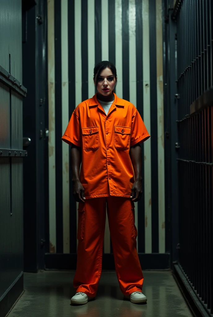 luciagta62024, an angry woman wearing an orange jumpsuit in a prison exercise yard, holding a shank, knife, covered in blood, prison uniform, brown hair, ponytail, 8k, uhd, best quality, trending on arstation, photorealistic, masterpiece, raw image, skin pores, detailed skin, 5 fingers, mole, Latina, dramatic lighting, looking at viewer, vibrant color, long ponytail, <lora:luciagta6sdxl:1>, luciagta6sdxl,