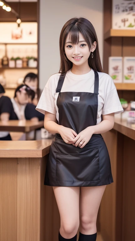 (()), (8k, RAW photo, best quality, masterpiece:1.2), (realistic, photo-realistic:1.37), ultra-detailed, full body, 1girl, solo, detailed restaurant, crowd people, night, full body, ((gigantic breasts, huge breasts)), beautiful detailed eyes, beautiful detailed lips, professional lighting, photon mapping, radiosity, physically-based rendering, extremely detailed eyes and face, beautiful detailed eyes, light on face, cinematic lighting, ((apron:1.4, wardrobe_error)), full-body shot, looking at viewer, indoors, working.