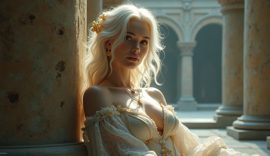 A beautiful queen , with big and blue , with a look that conveys kindness, with blonde hair 