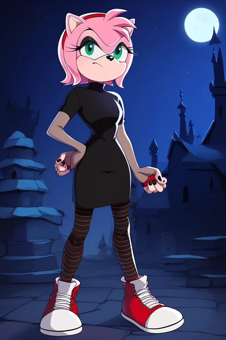 Angel Dust, hazbin hotel style, bimbo, big breast, alone, flip flops, walking, smug