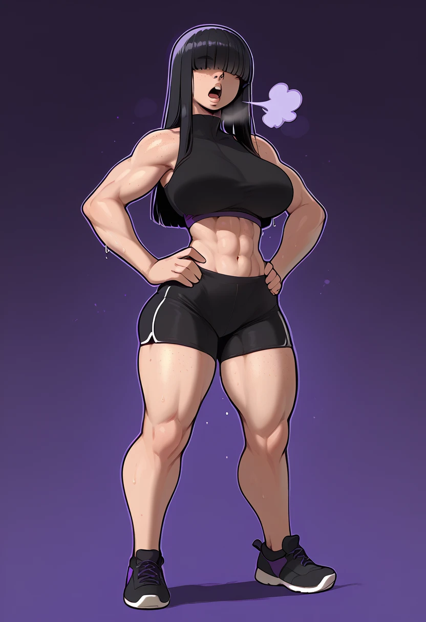 a drawing of a woman in a black sport shorts, muscular abs girl, female arms character, sci-fi, feminine and muscular, makoto, white, fubuki, (thin waist), ((curvy)), ((wide hips)), big long black hair, sexy, muscular thighs, full body