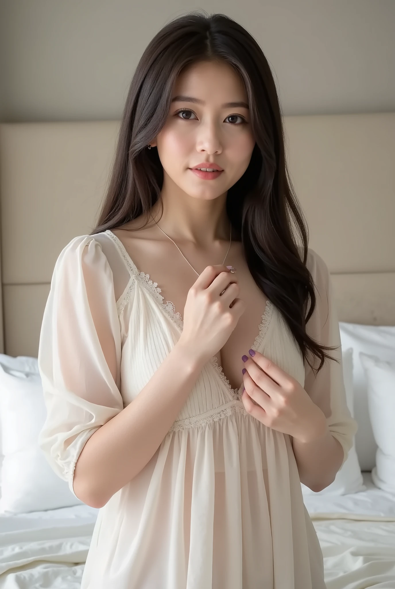 (8k、   RAW PICTURES UP        、 best quality、masterpiece:1.2)、(realistic、realistic)、       1 girl、(( white sheer see-through nightgown、   front view、 They hold hands in front of my body with an enthusiastic expression  、  sexy look ))、cute、   small breasts、bedroom、    on the bed、、  、((  erect nipples 、I can see my nipples sticking out ))