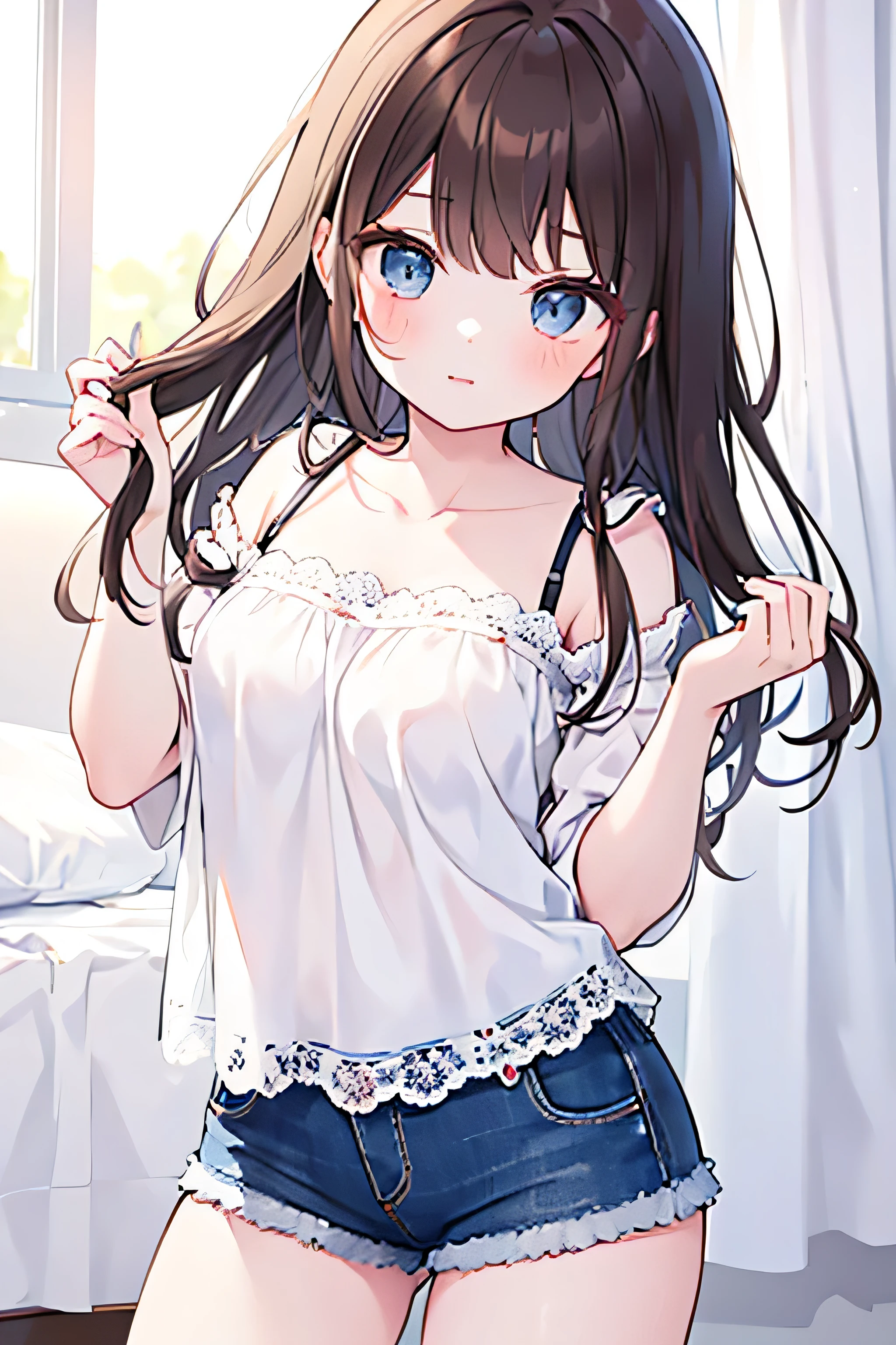 A young woman in her early twenties with medium-length wavy dark brown hair, fair skin, and soft facial features. She is wearing a white short-sleeved blouse with delicate lace on the sleeves and casual dark blue shorts. Her style is simple, cute, and feminine